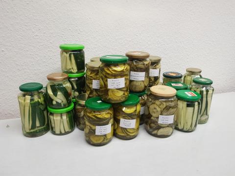 Hier zu sehen ist ein Teil der süß-sauer eingemachten bzw. der zu fermentierenden Zucchini.